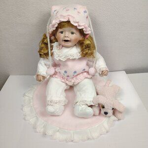 Vintage Porcelain Doll Wintac Enterprise Co. Baby Girl Blond Pink Dog